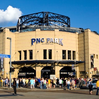 The exterior of PNC Park on a sunny day.